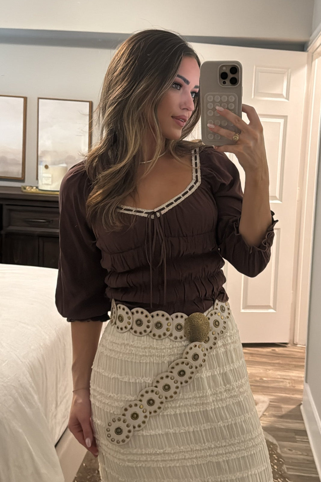 Hannah Brown Ruched Peasant Top