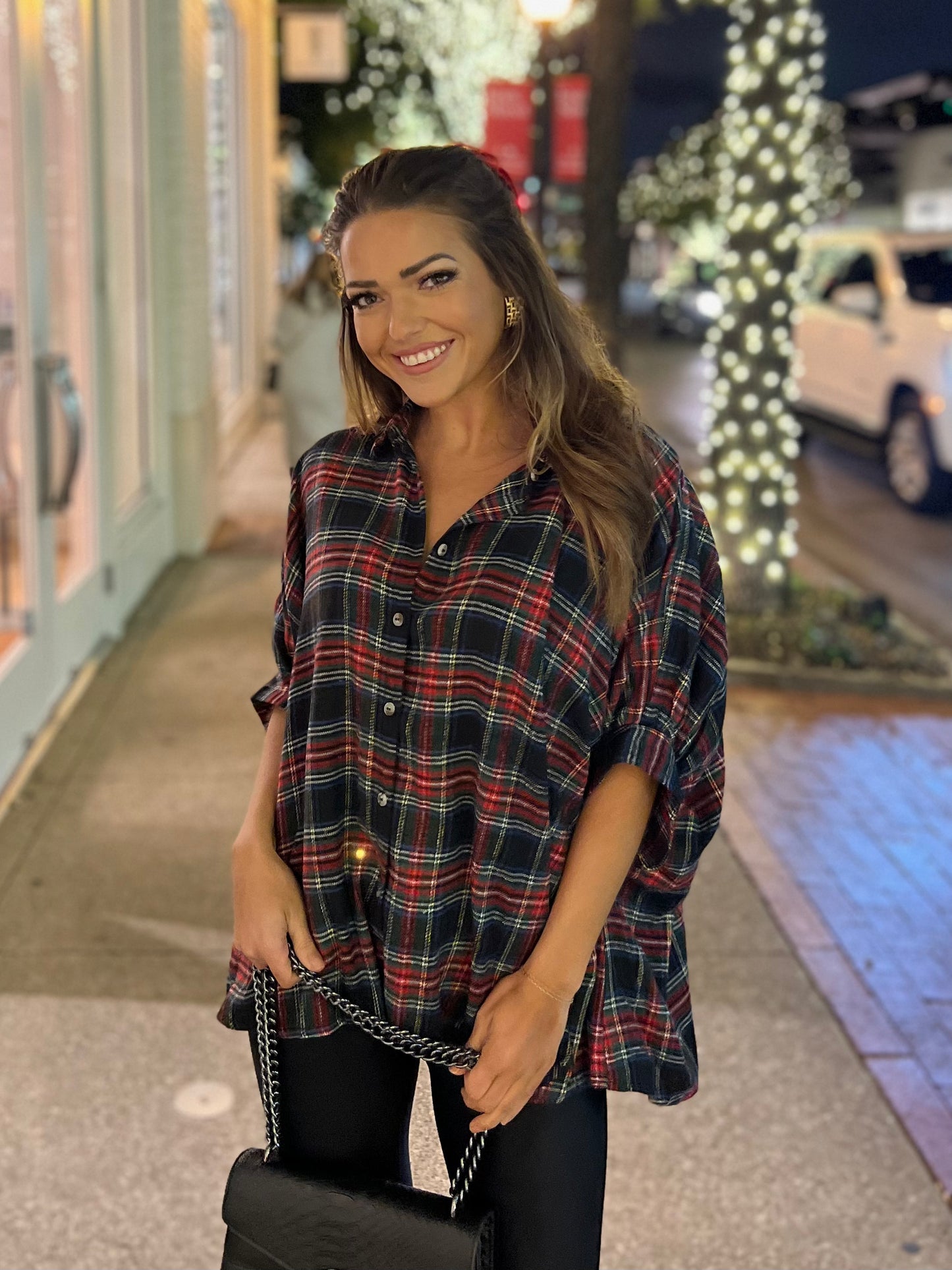Christmas Plaid Oversized Button-Down Shirt