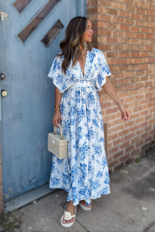 Hannah Blue and White Floral Deep V Maxi Dress
