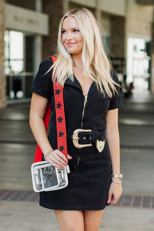 Western Black Denim Belted Dress