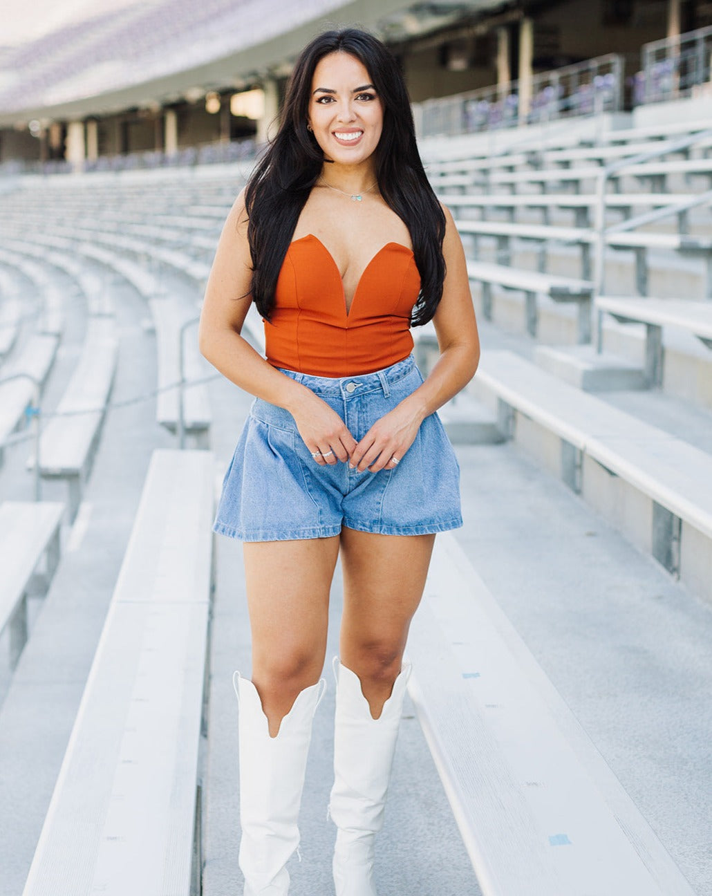 Burnt Orange Strapless Deep V Bodysuit