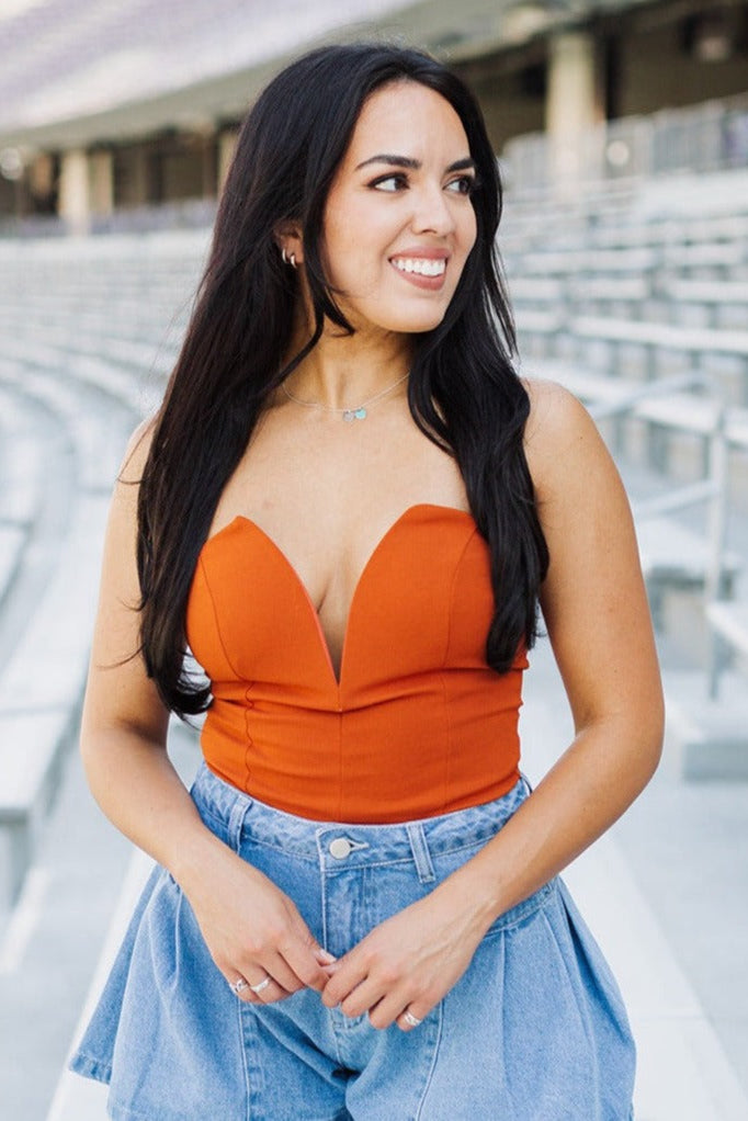 Burnt Orange Strapless Deep V Bodysuit