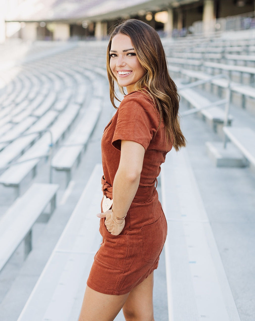 Western Corduroy Belted Dress | Rust
