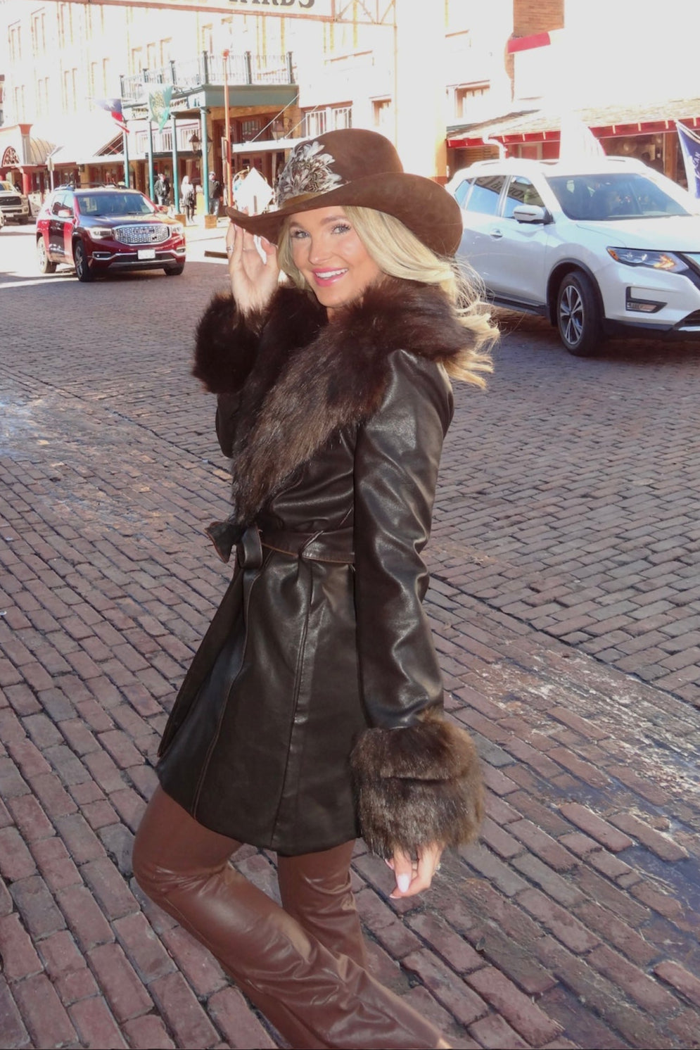 Off The Record Chocolate Brown Faux Leather and Fur Trim Coat