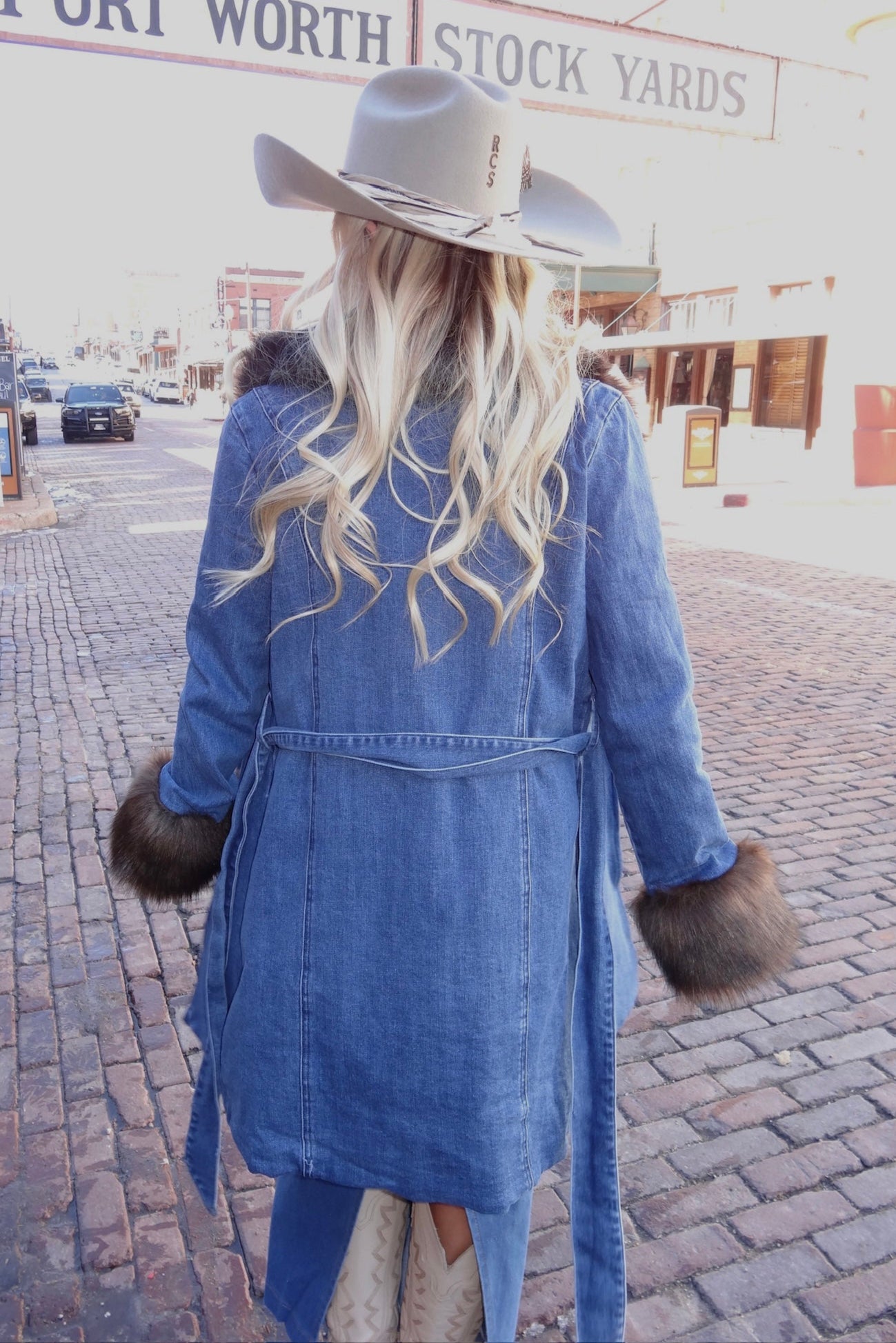 5 to 9 Chocolate Brown Faux Fur Trim Denim Coat