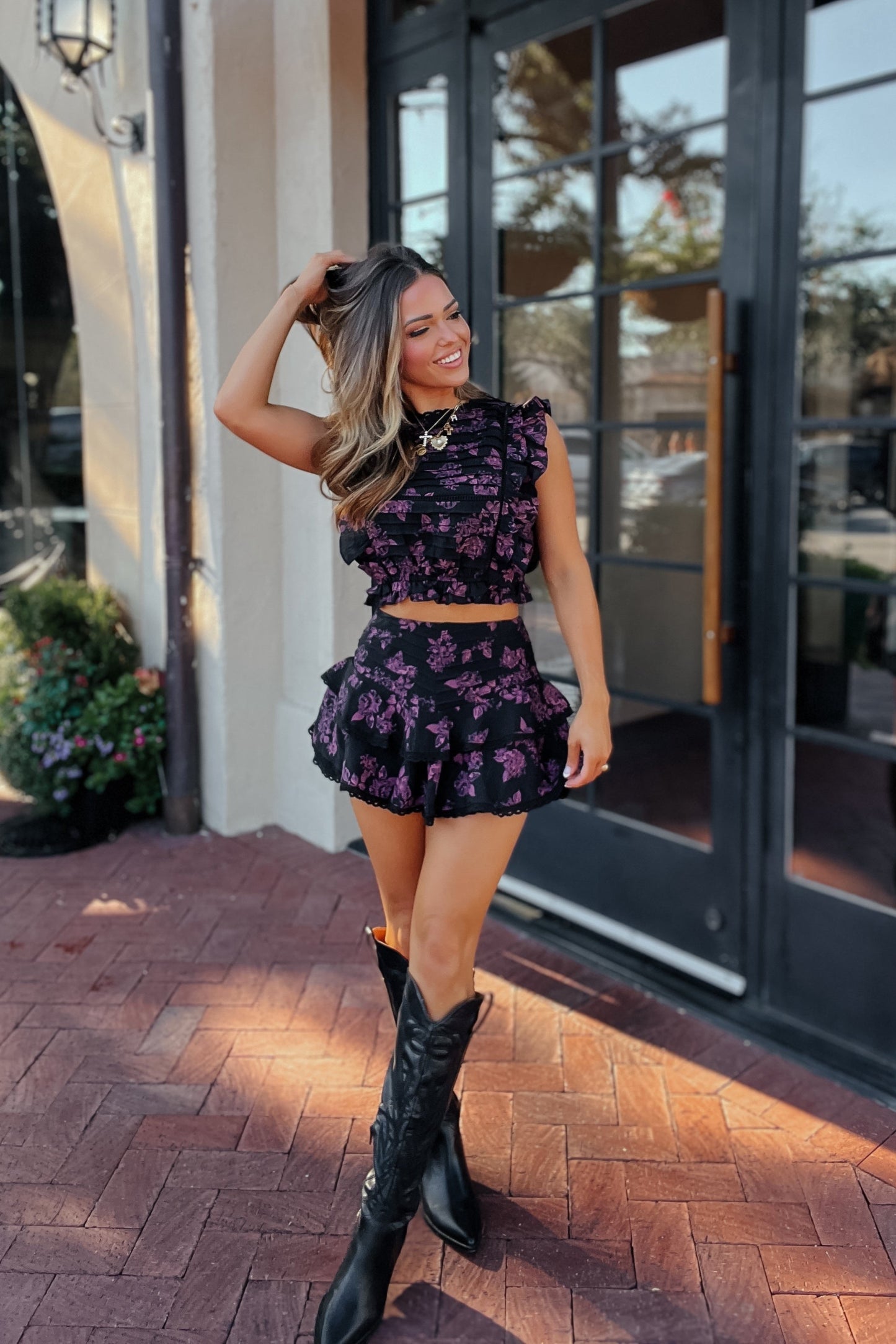 Kyle Black and Maroon Floral Ruffle Skirt | Petite