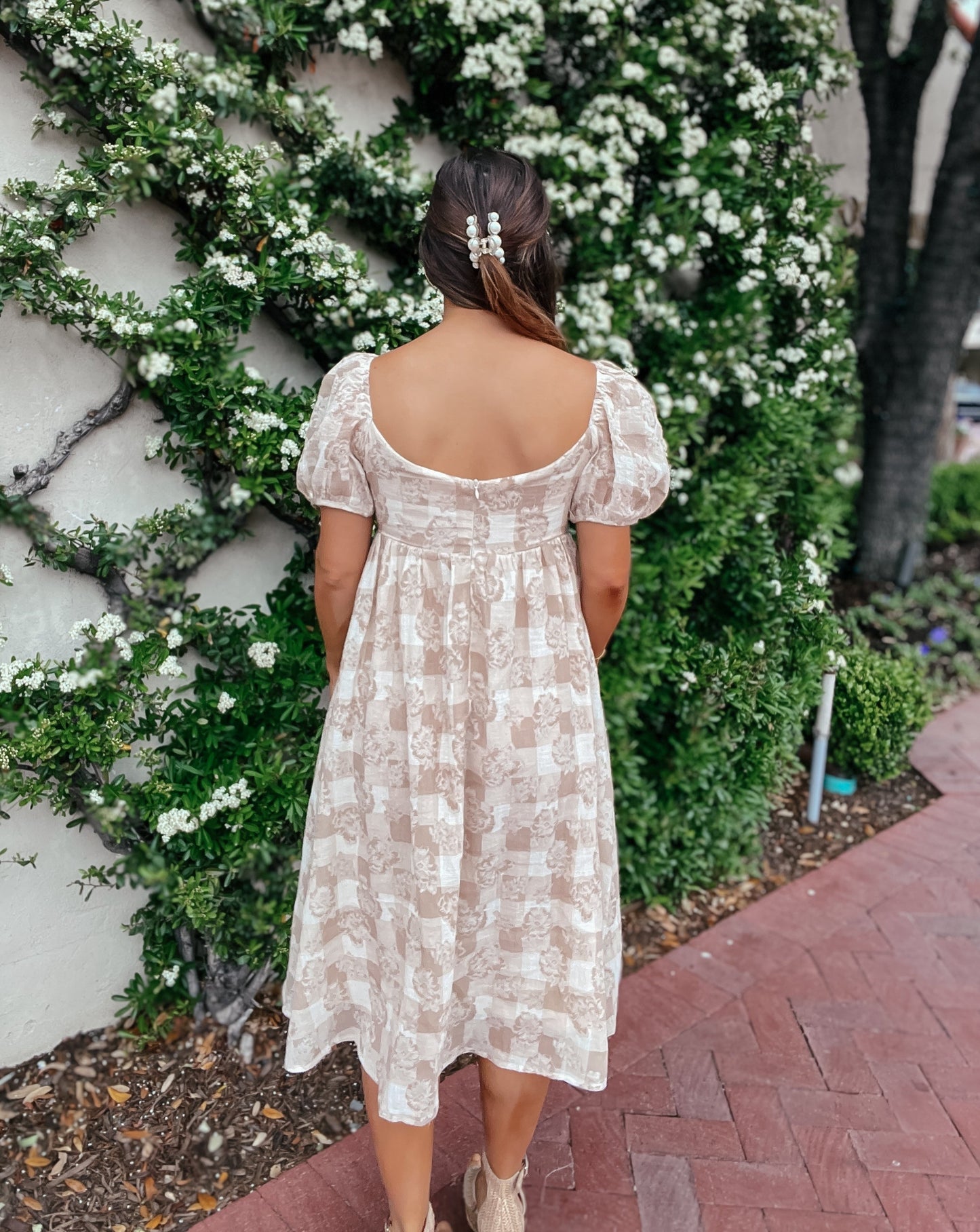 Julie Taupe Gingham Babydoll Midi Dress