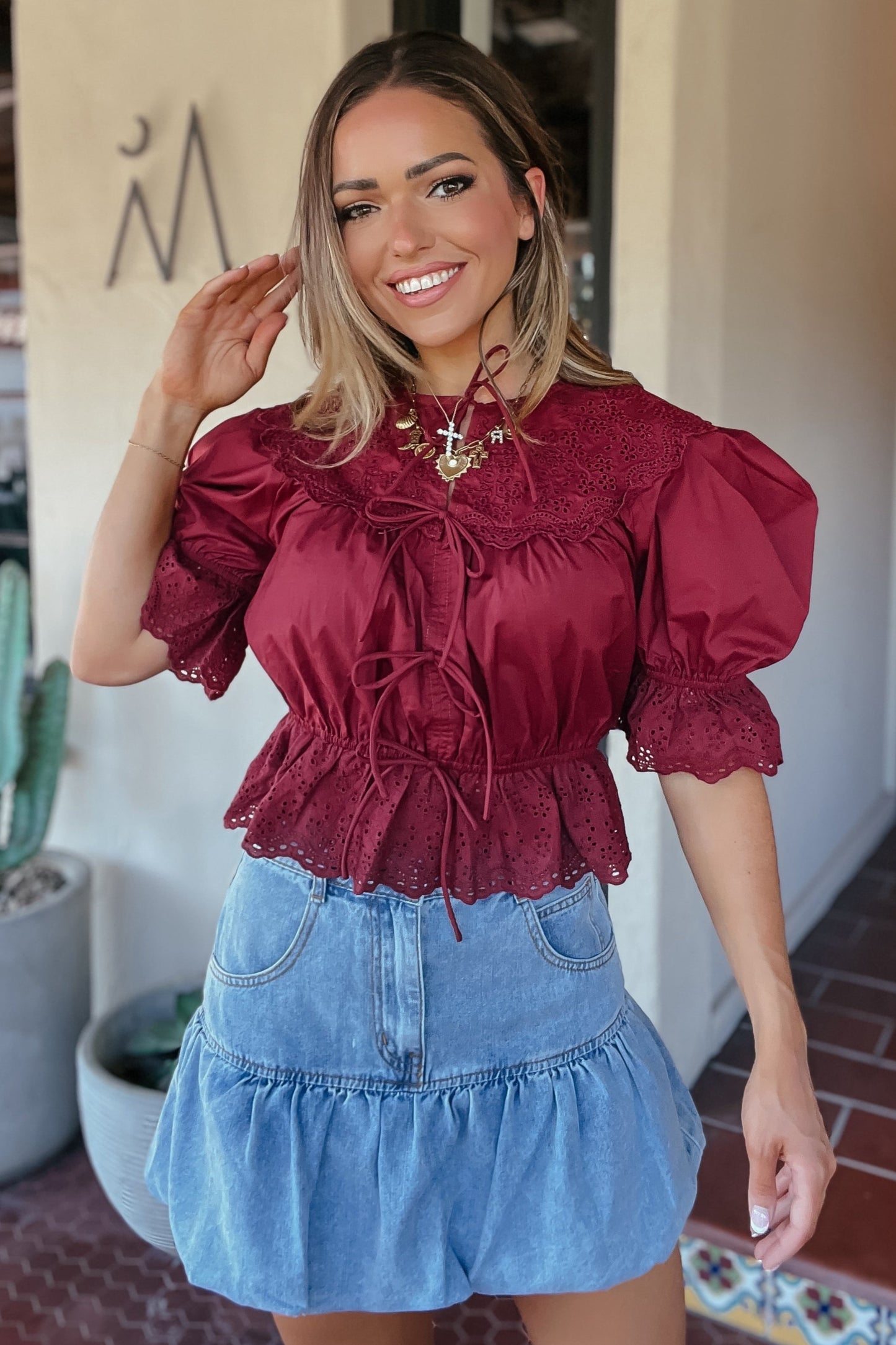 Lynn Maroon Puff Sleeve Bow Tie Top
