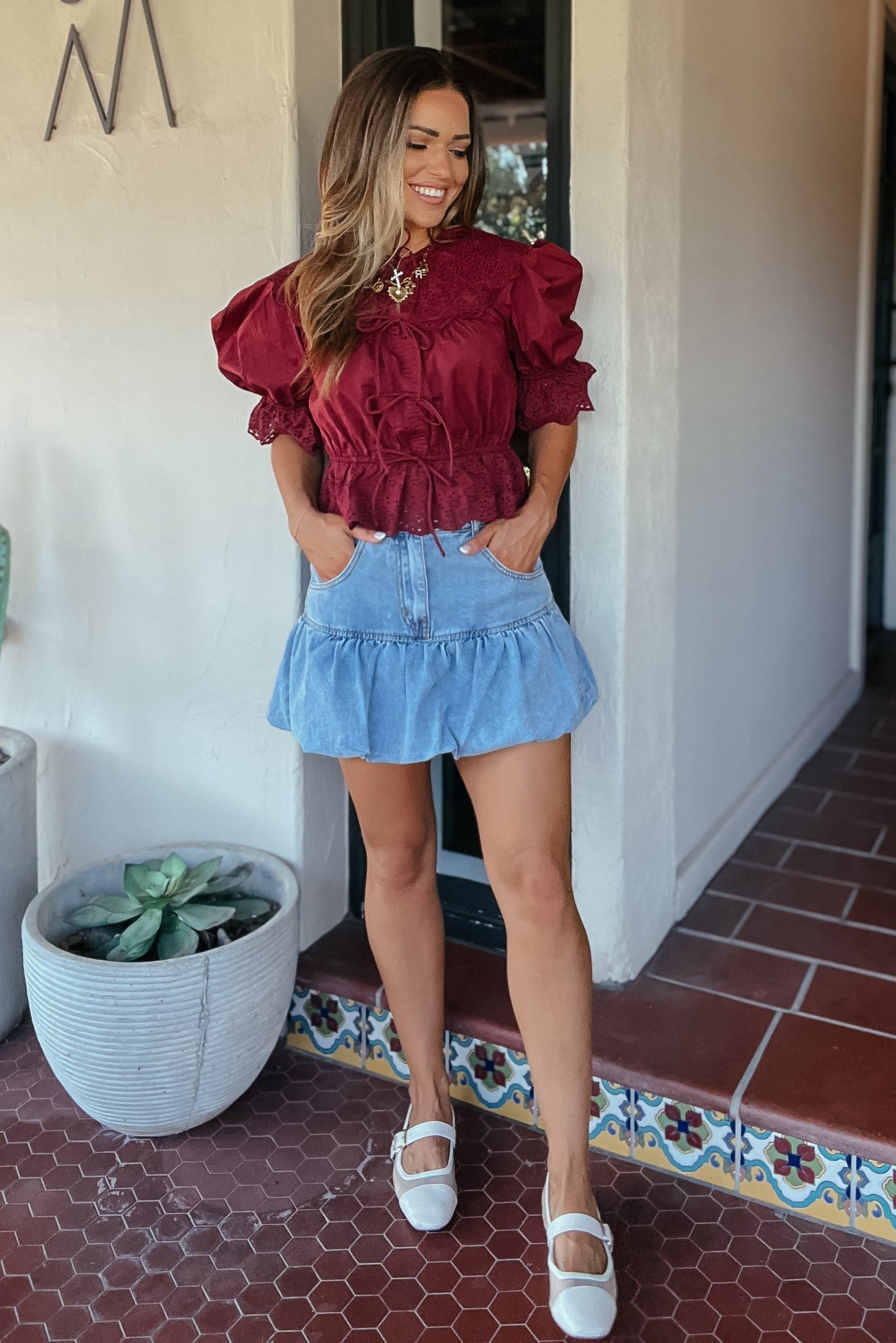 Lynn Maroon Puff Sleeve Bow Tie Top