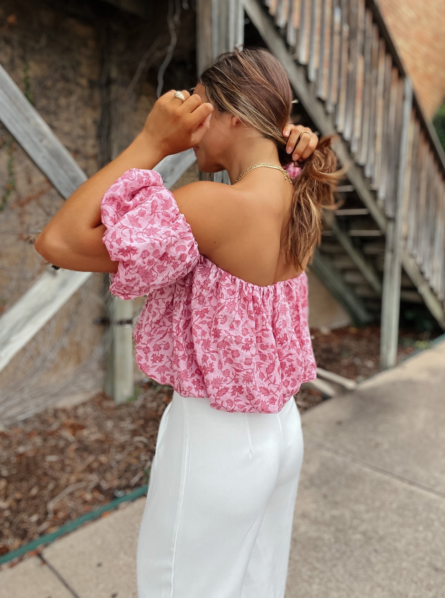 Chloe Pink Floral Bubble Crop Top