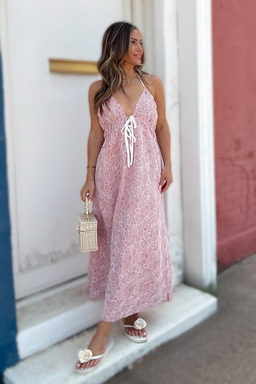 fitted lace wedding dress Lexi Red Plaid Halter Maxi Dress