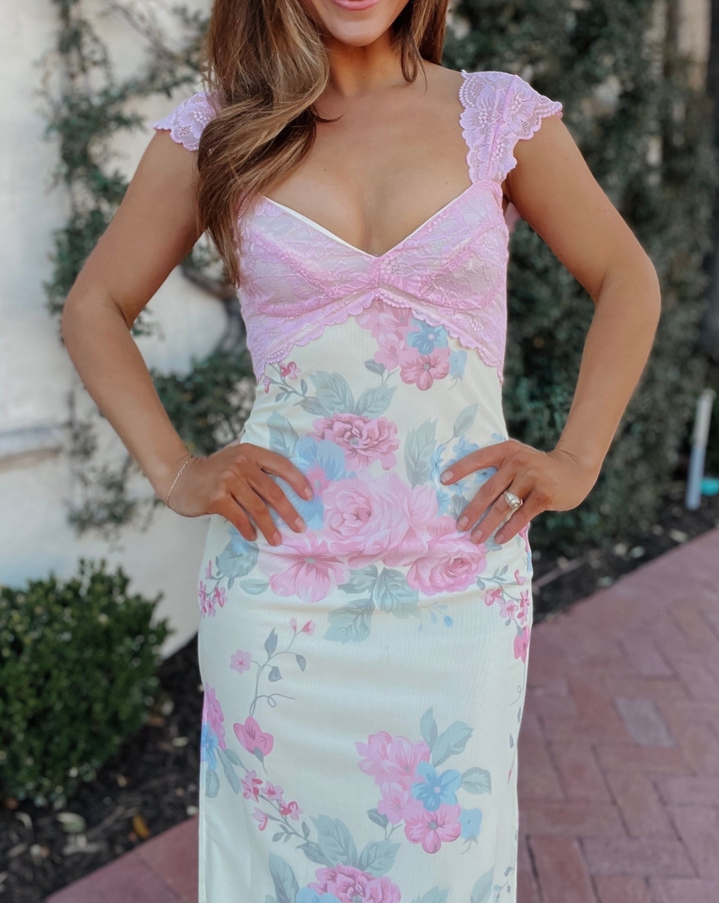 Serena Pastel Pink and Yellow Mesh Floral Lace Maxi Dress