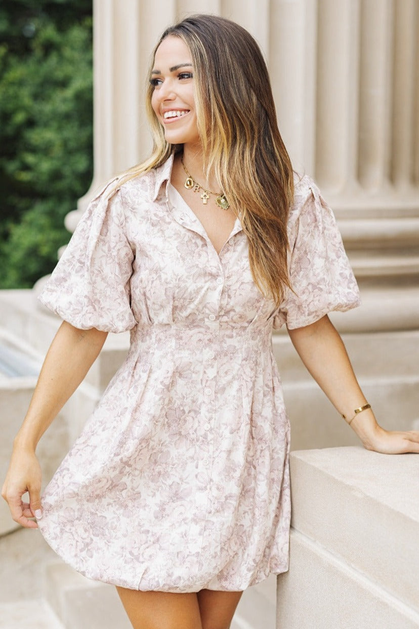 Marley Cream and Mauve Floral Button Down Bubble Dress