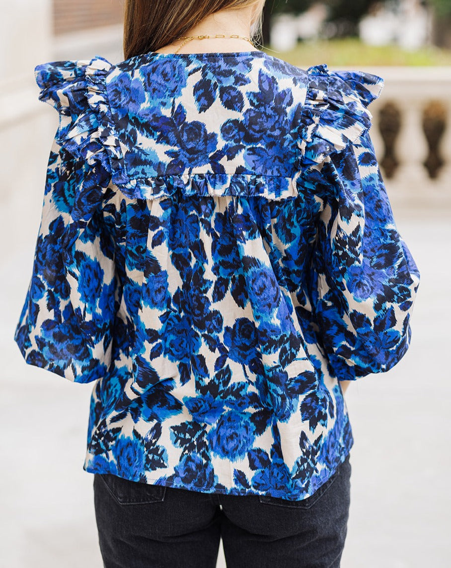 Missy Blue and Black Floral Ruffle Puff Sleeve Top
