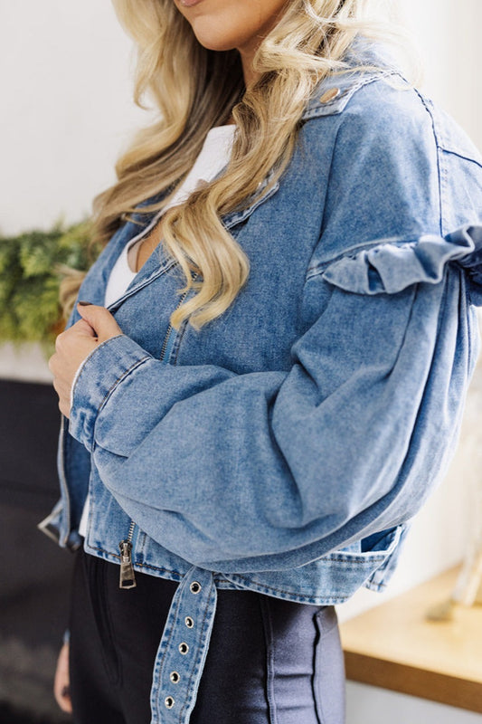 Micah Puff Ruffle Detail Cropped Denim Jacket