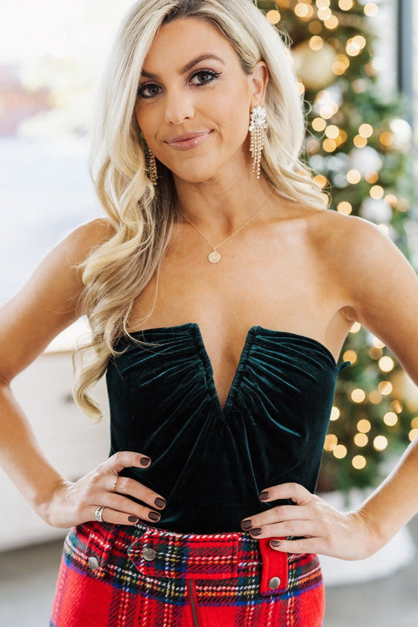 Evergreen V Ruched Strapless Velvet Bodysuit