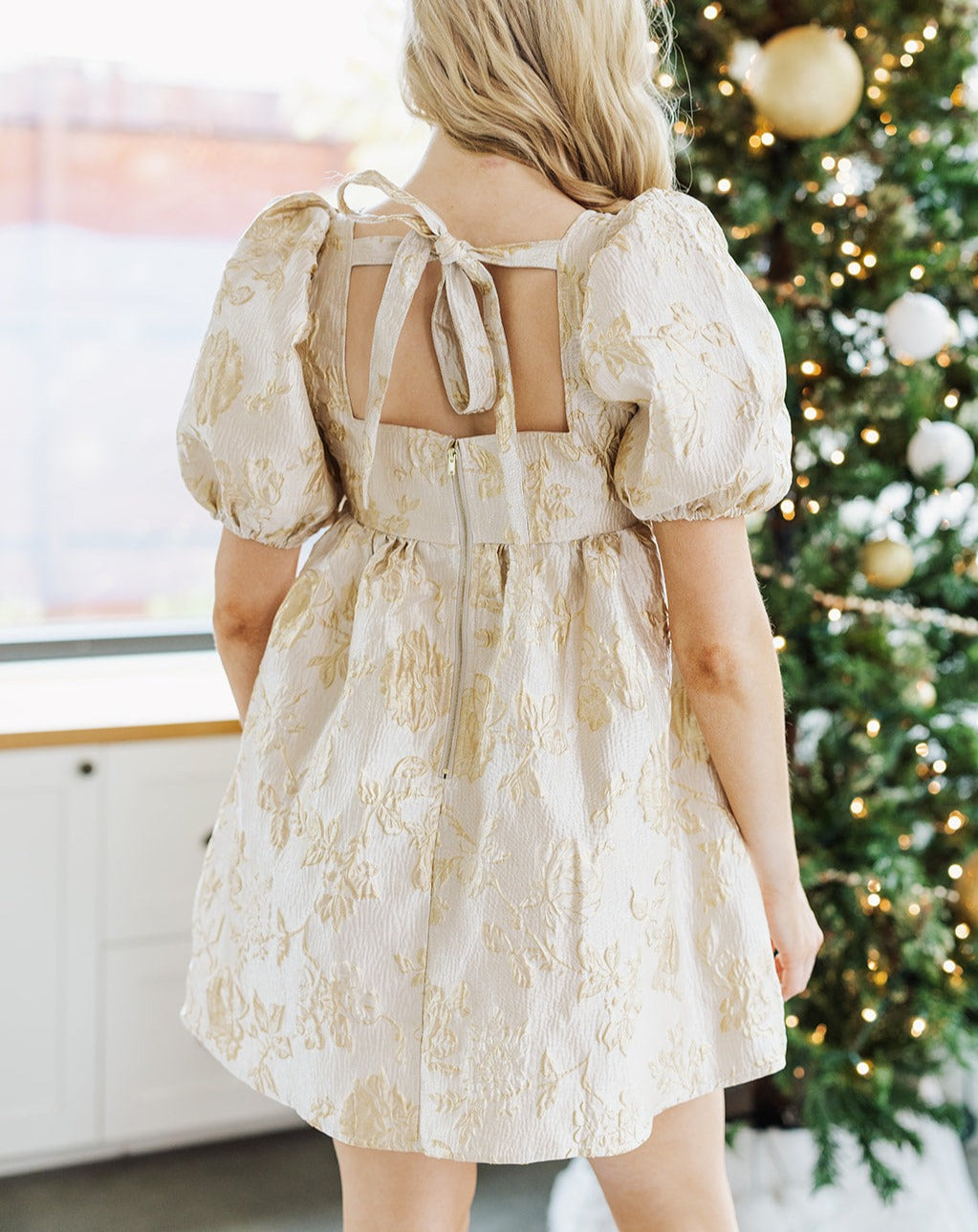 Nina Gold Floral Printed Jacquard Puff Sleeve Dress