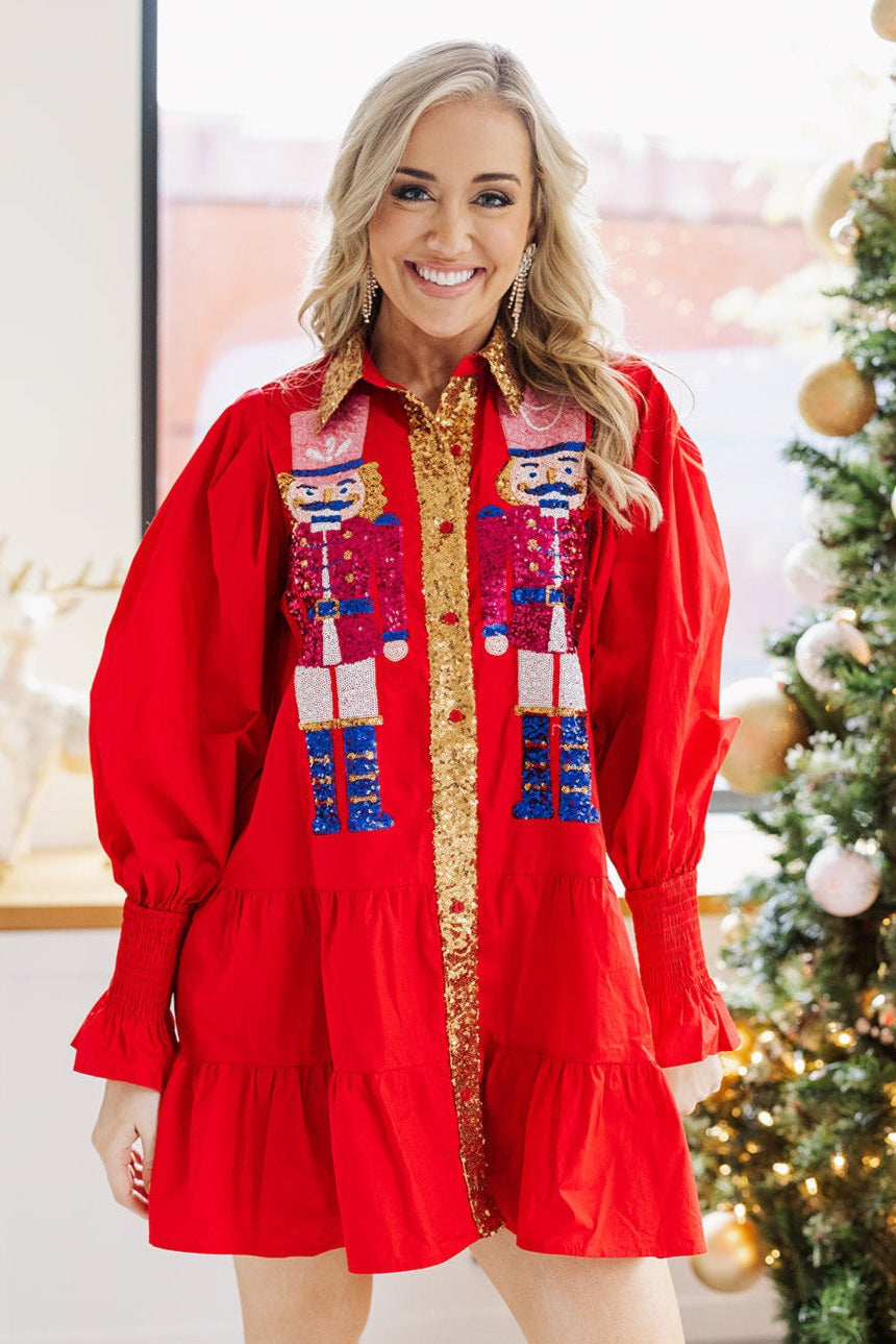 Nutcracker Red Sequin Button-Down Dress