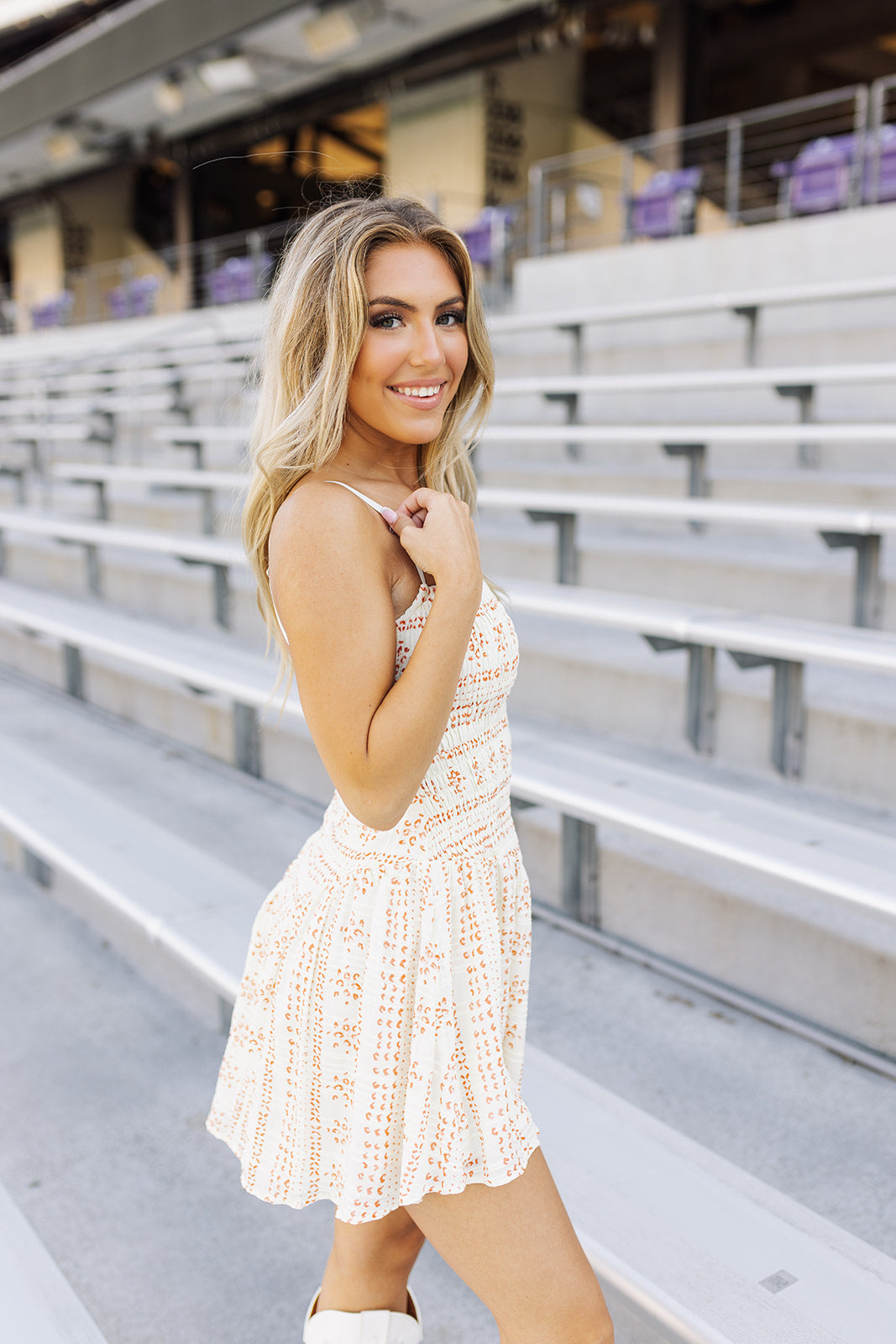 Cream and Rust Smocked Drop Waist Dress