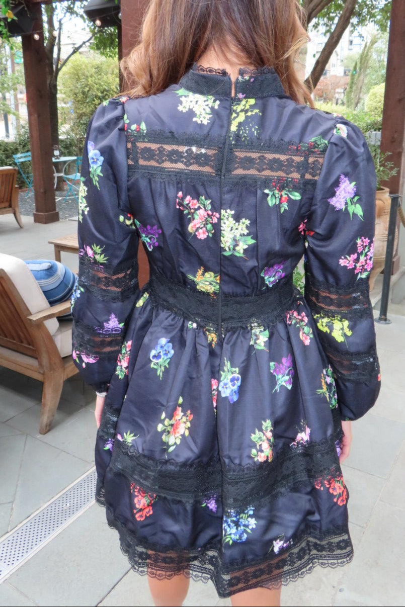 Lily Black Long Sleeve Floral Lace Trim Dress