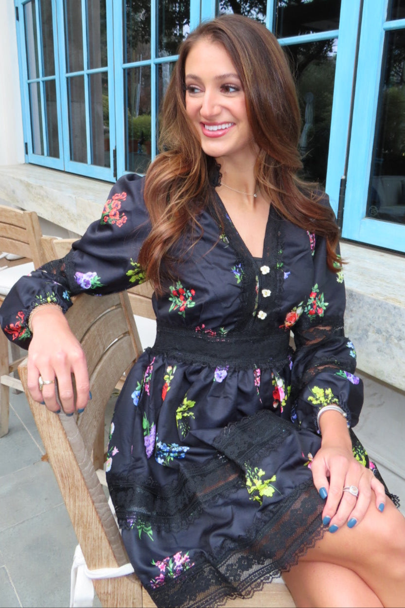 Lily Black Long Sleeve Floral Lace Trim Dress