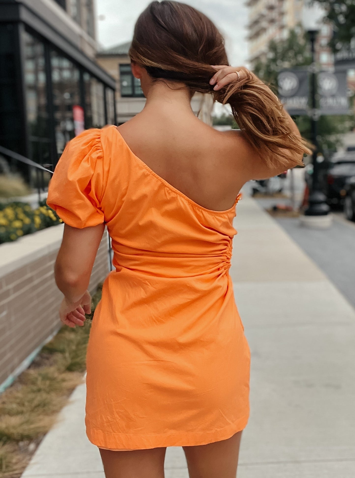 Casey One Shoulder Orange Linen Dress