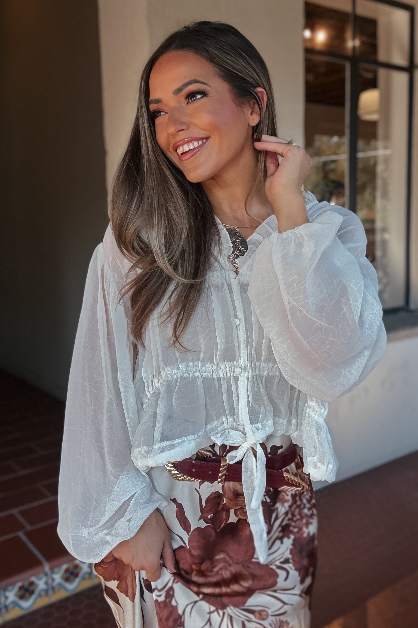 Paige Long Sleeve Cream Sheer Blouse
