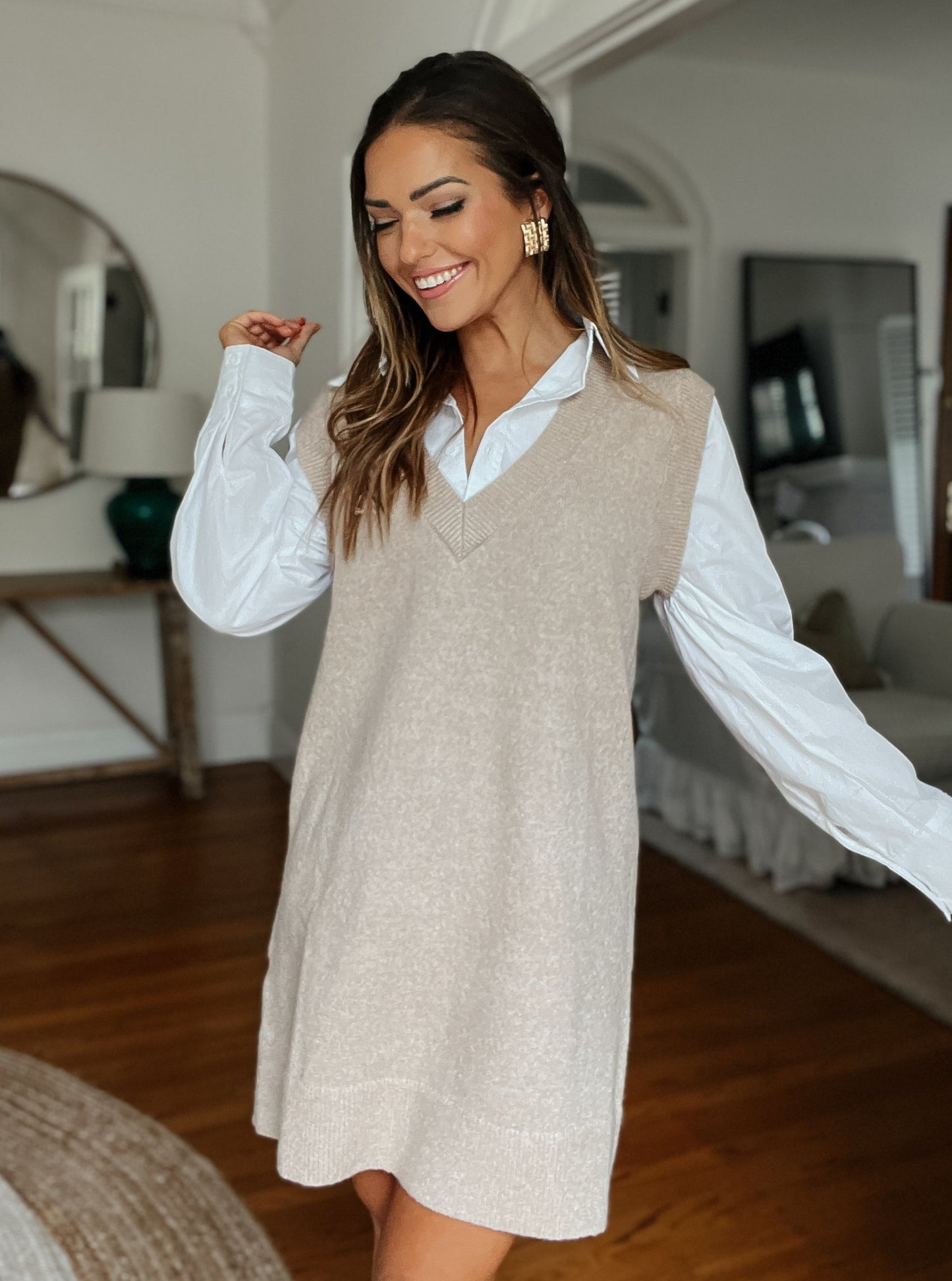 Reese Beige and White Multi-Fabric V-Neck Long Sleeve Sweater Dress