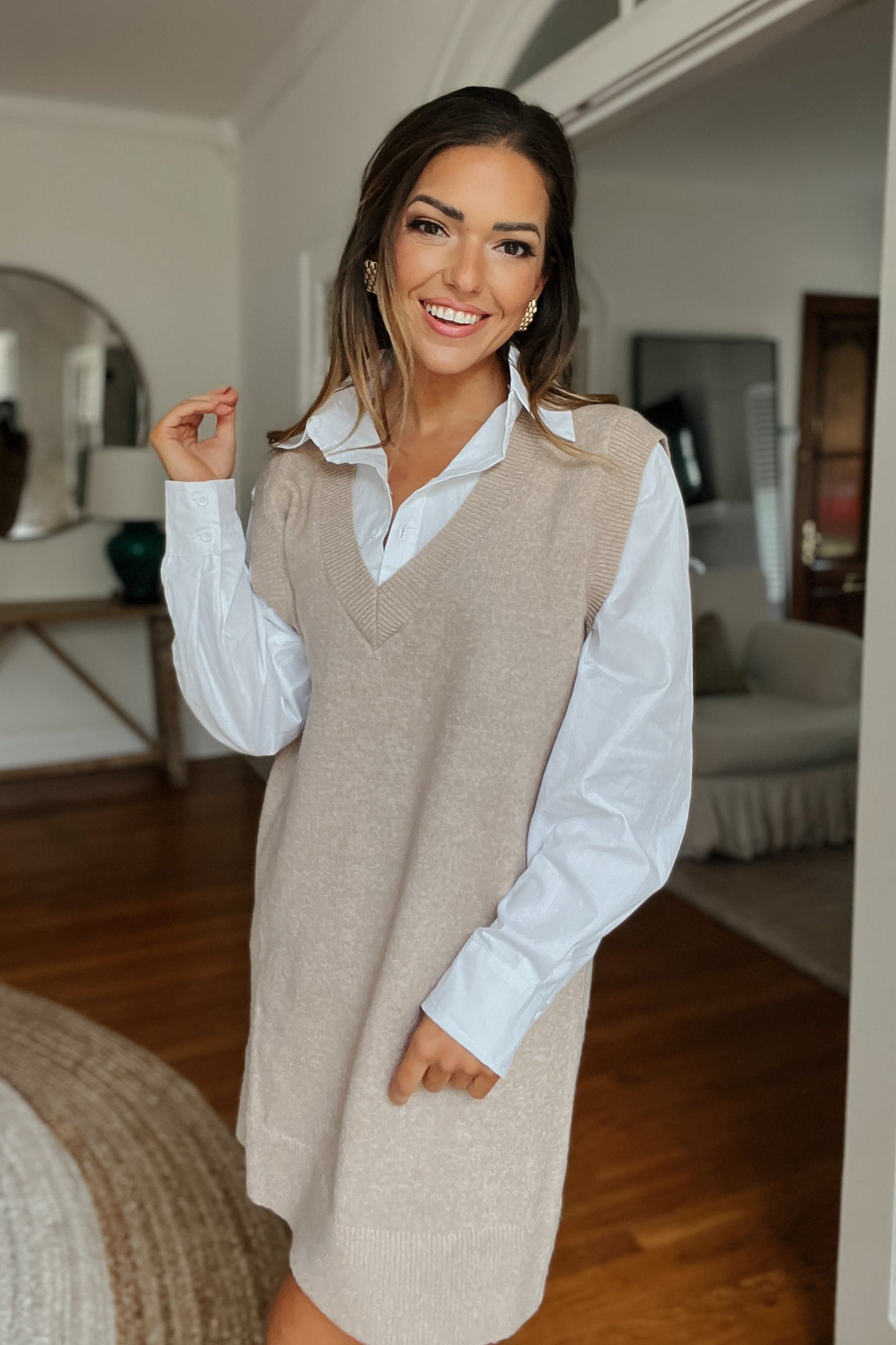 Reese Beige and White Multi-Fabric V-Neck Long Sleeve Sweater Dress