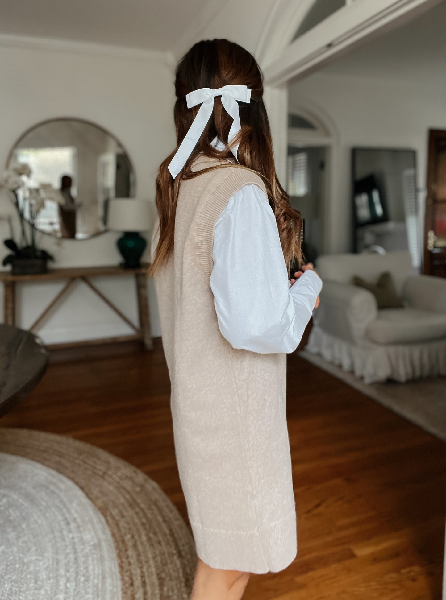 Reese Beige and White Multi-Fabric V-Neck Long Sleeve Sweater Dress