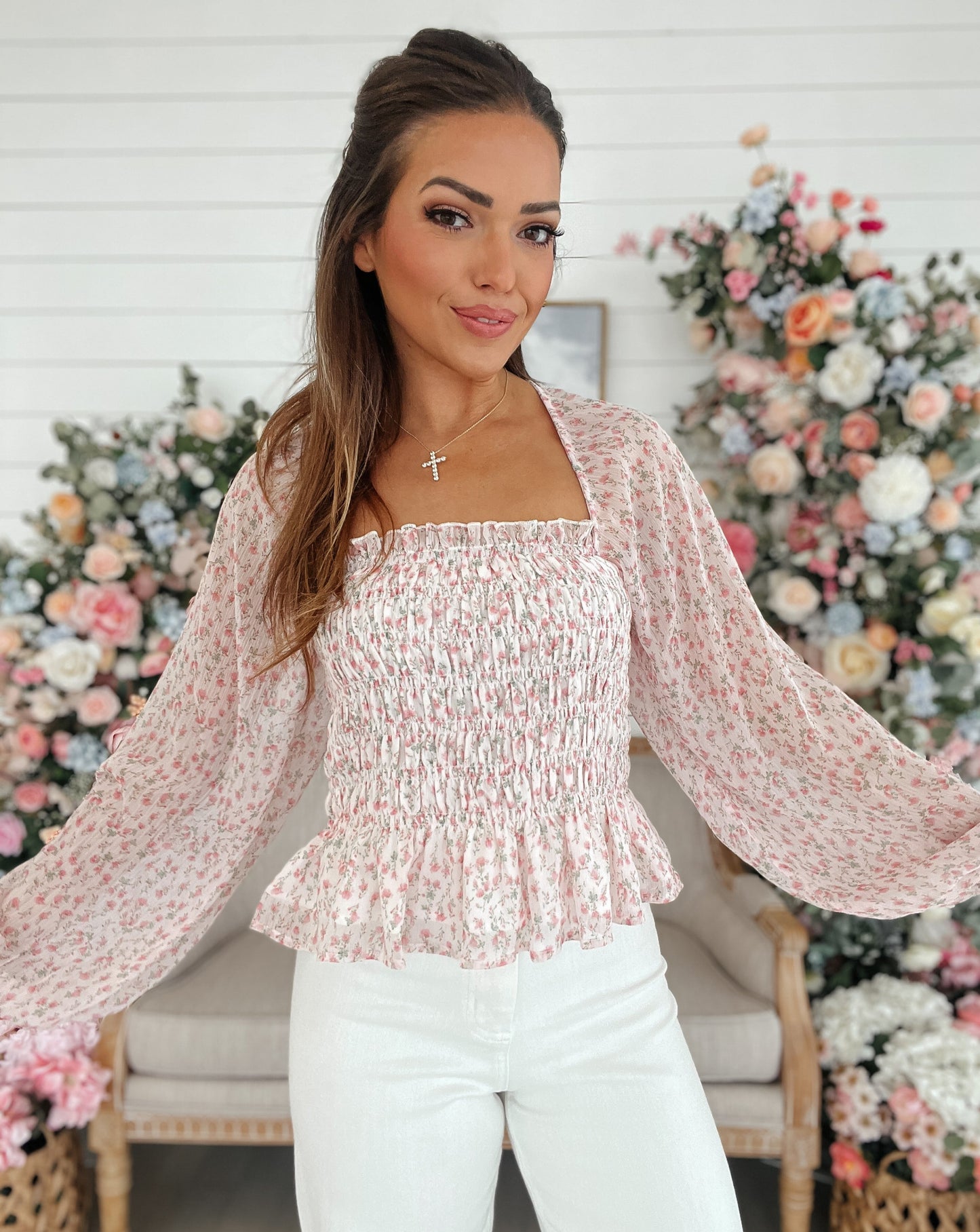 Deliah Dainty Pink Floral Smocked Puff Sleeve Top