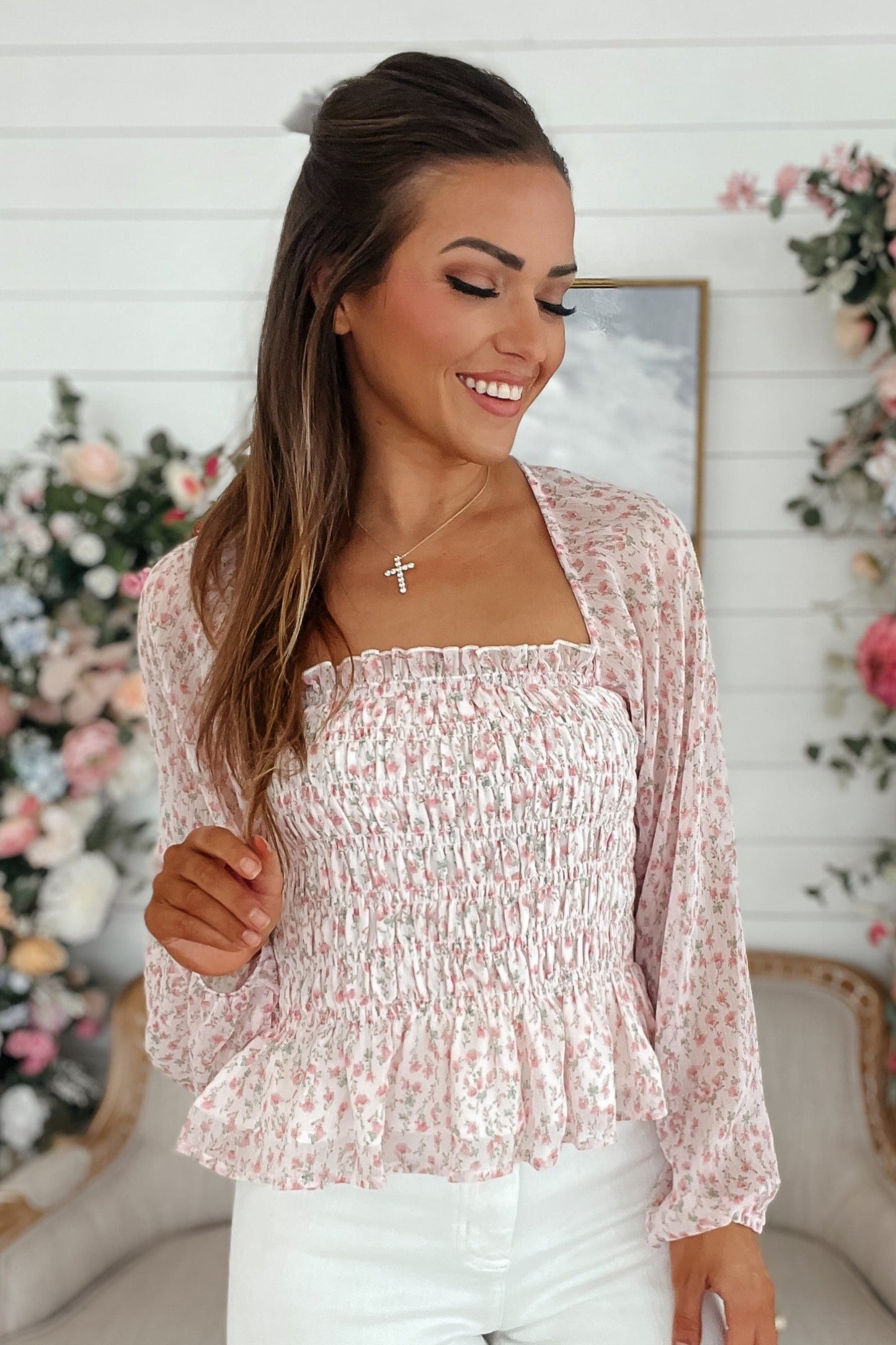 Deliah Dainty Pink Floral Smocked Puff Sleeve Top
