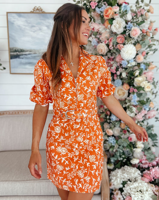 Brittney Orange Floral Denim Puff Sleeve Dress