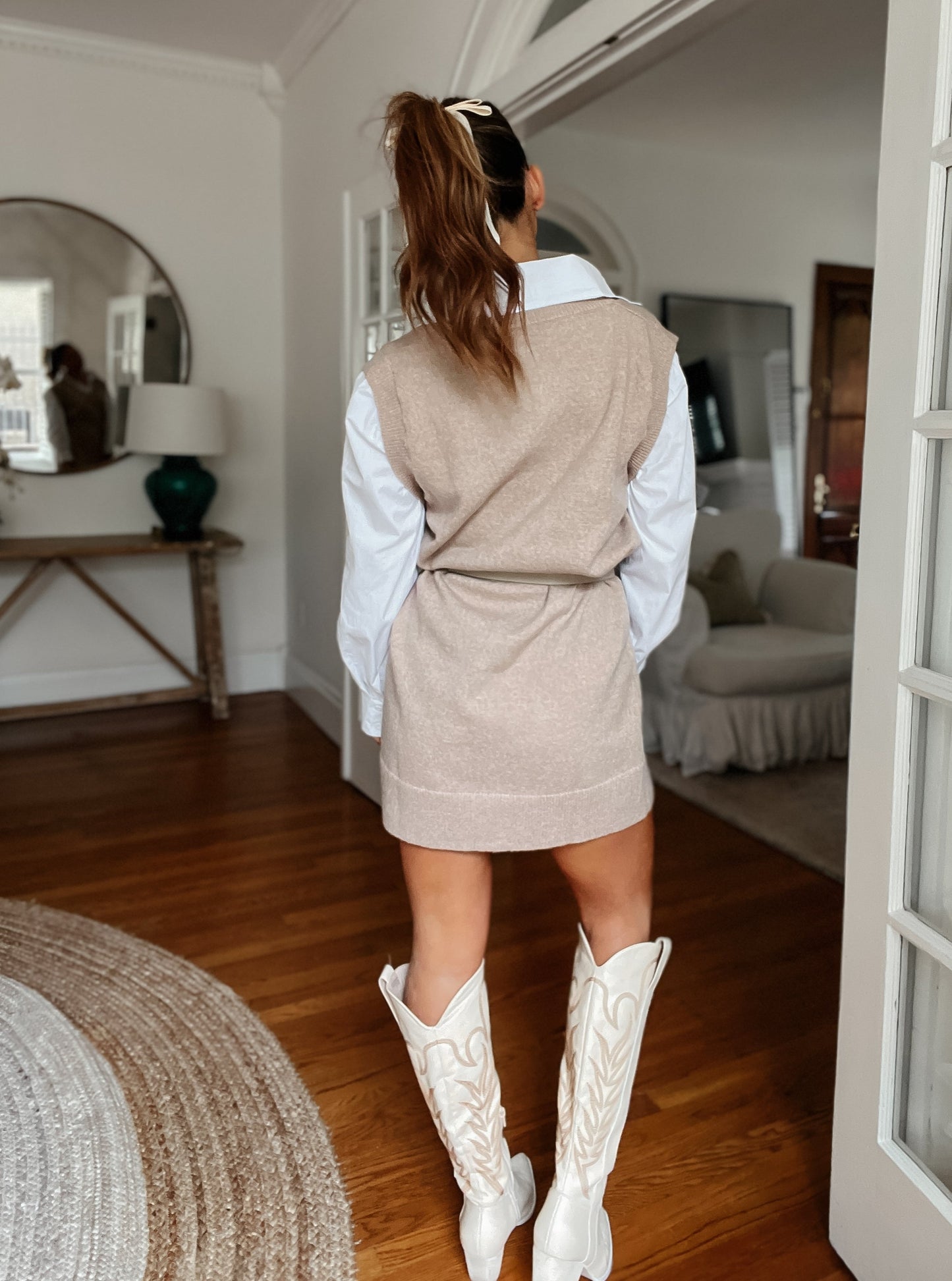 Reese Beige and White Multi-Fabric V-Neck Long Sleeve Sweater Dress