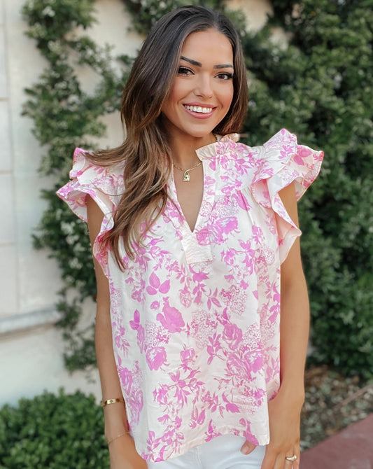 Lainey Dark and Light Pink Floral Ruffle Top