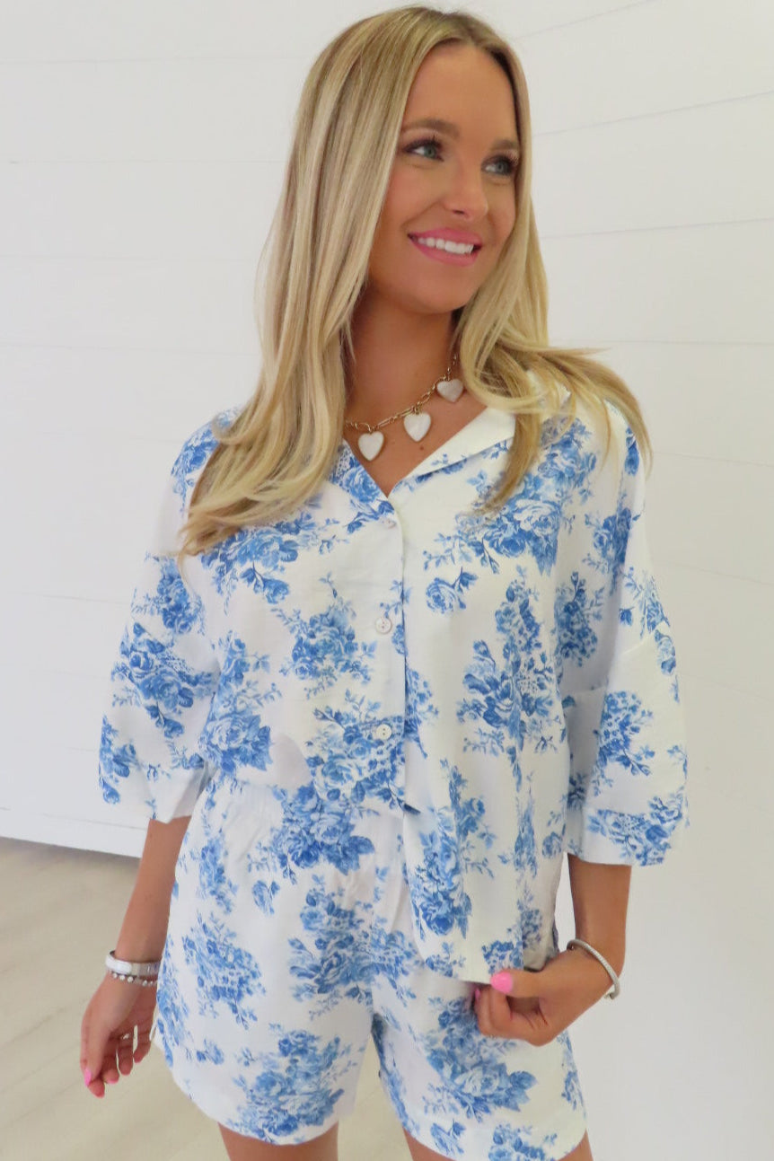 Hadley Blue and White Floral Button Down Top