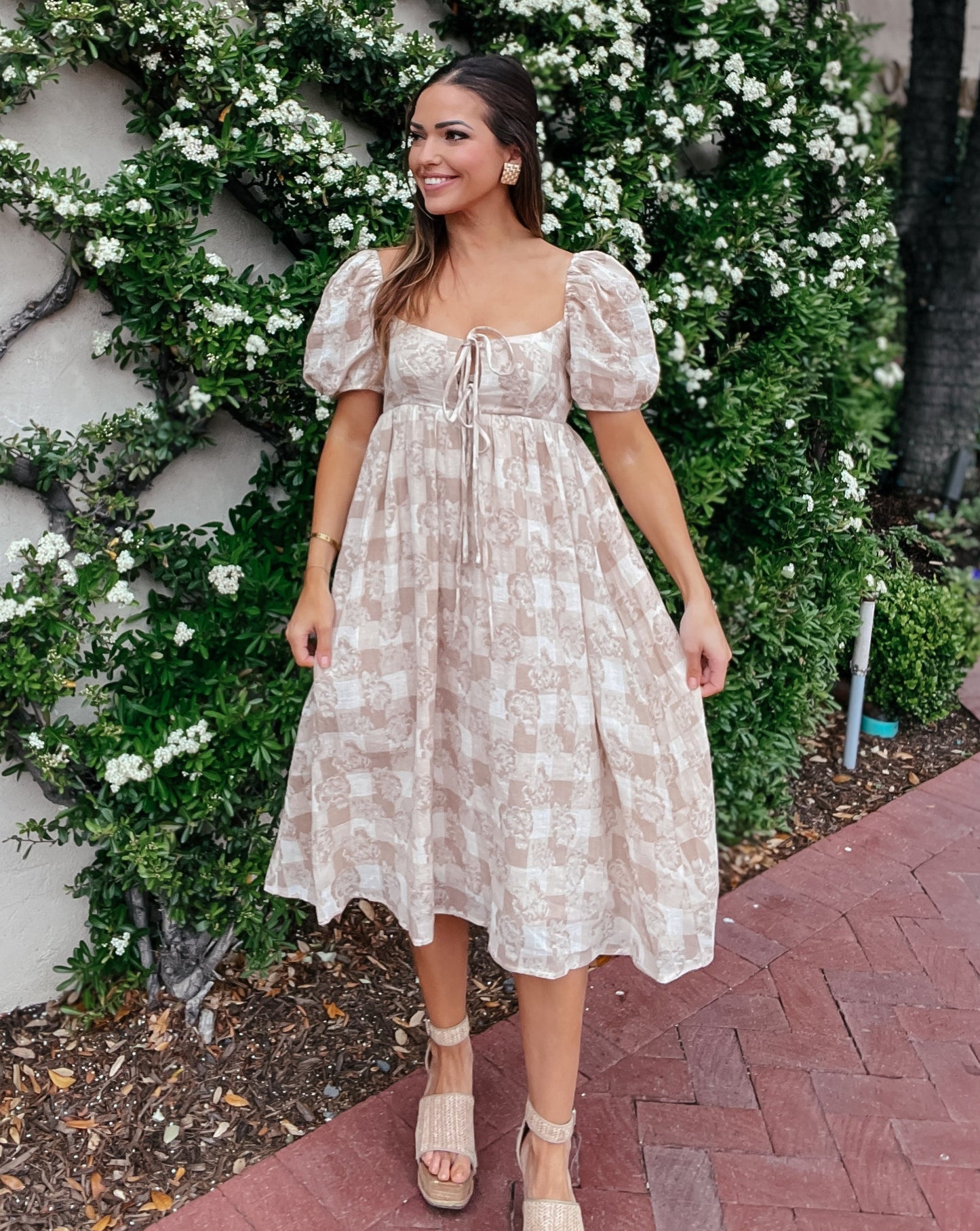 Julie Taupe Gingham Babydoll Midi Dress