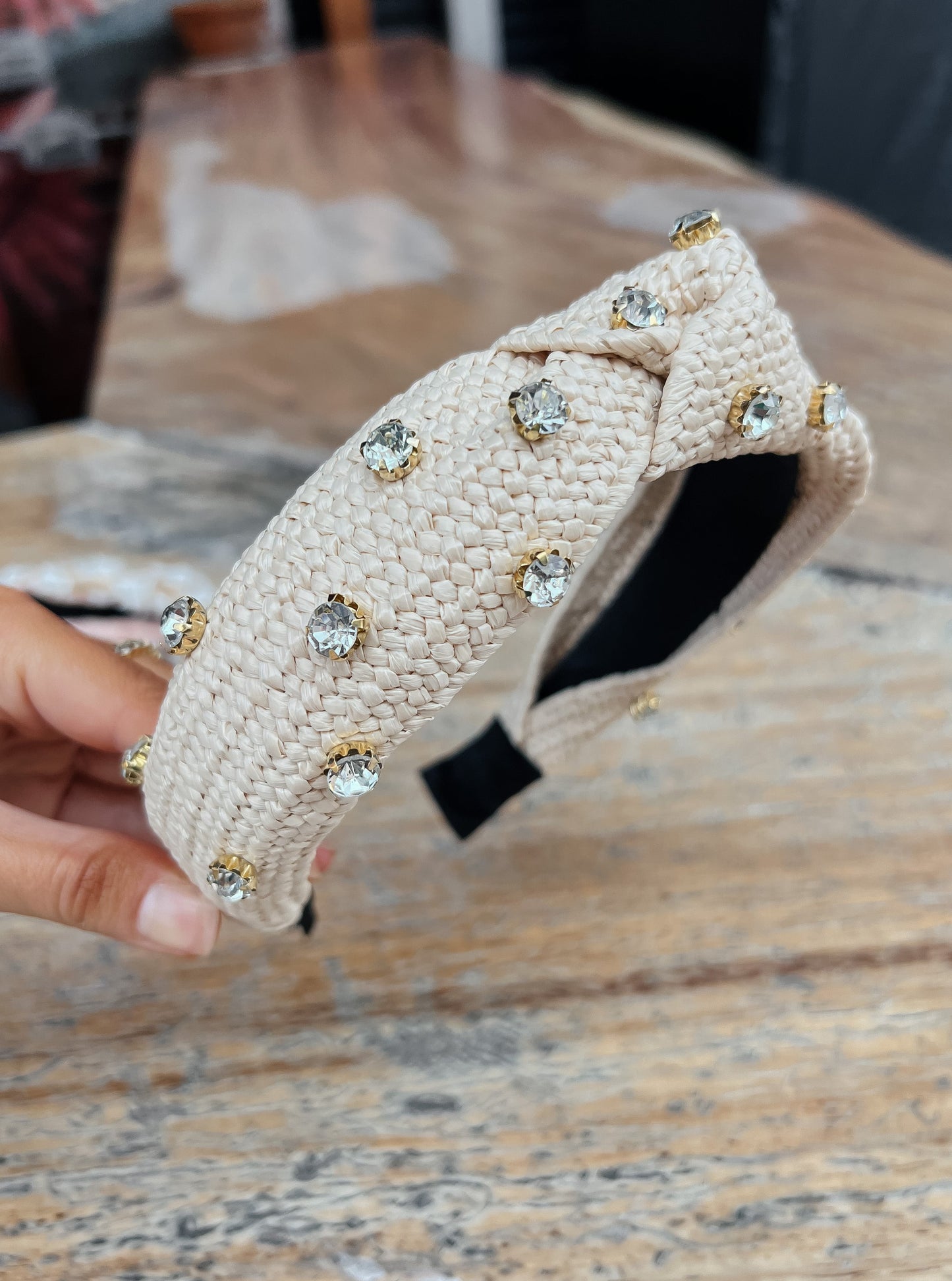 Raffia Rhinestone Headband | Beige