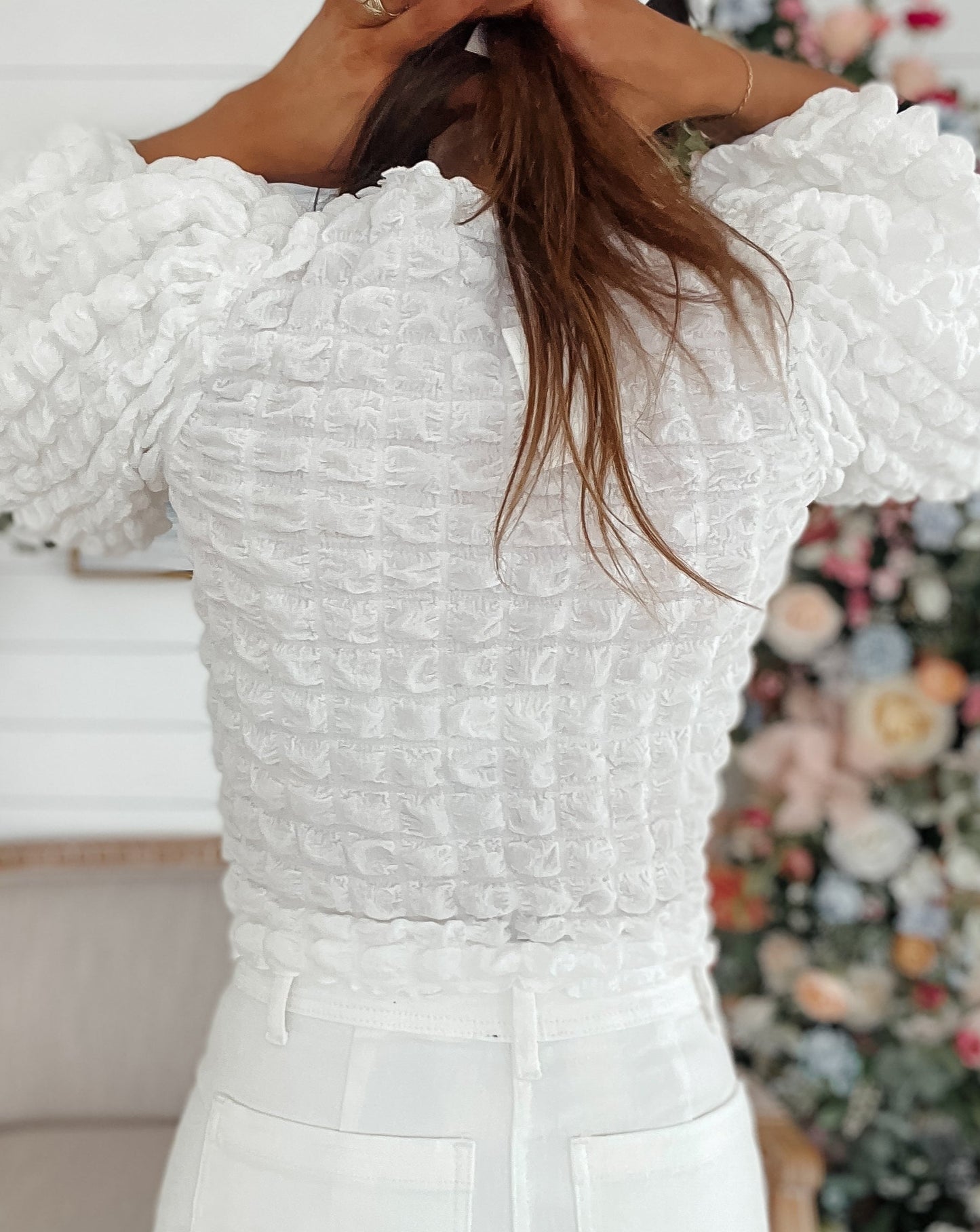 Emma White Texture Balloon Sleeve Top