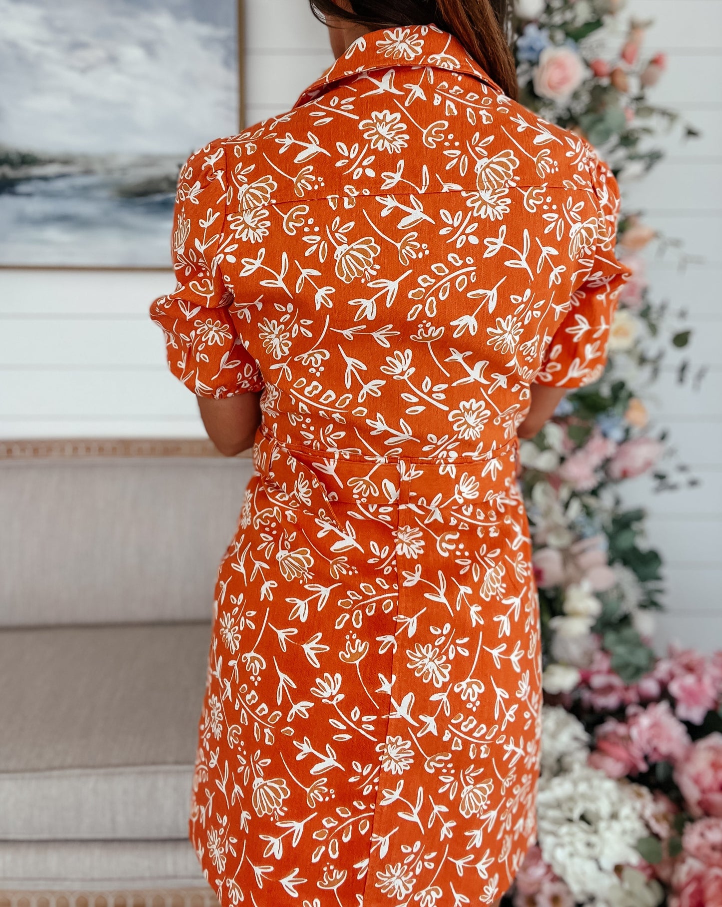 Brittney Orange Floral Denim Puff Sleeve Dress
