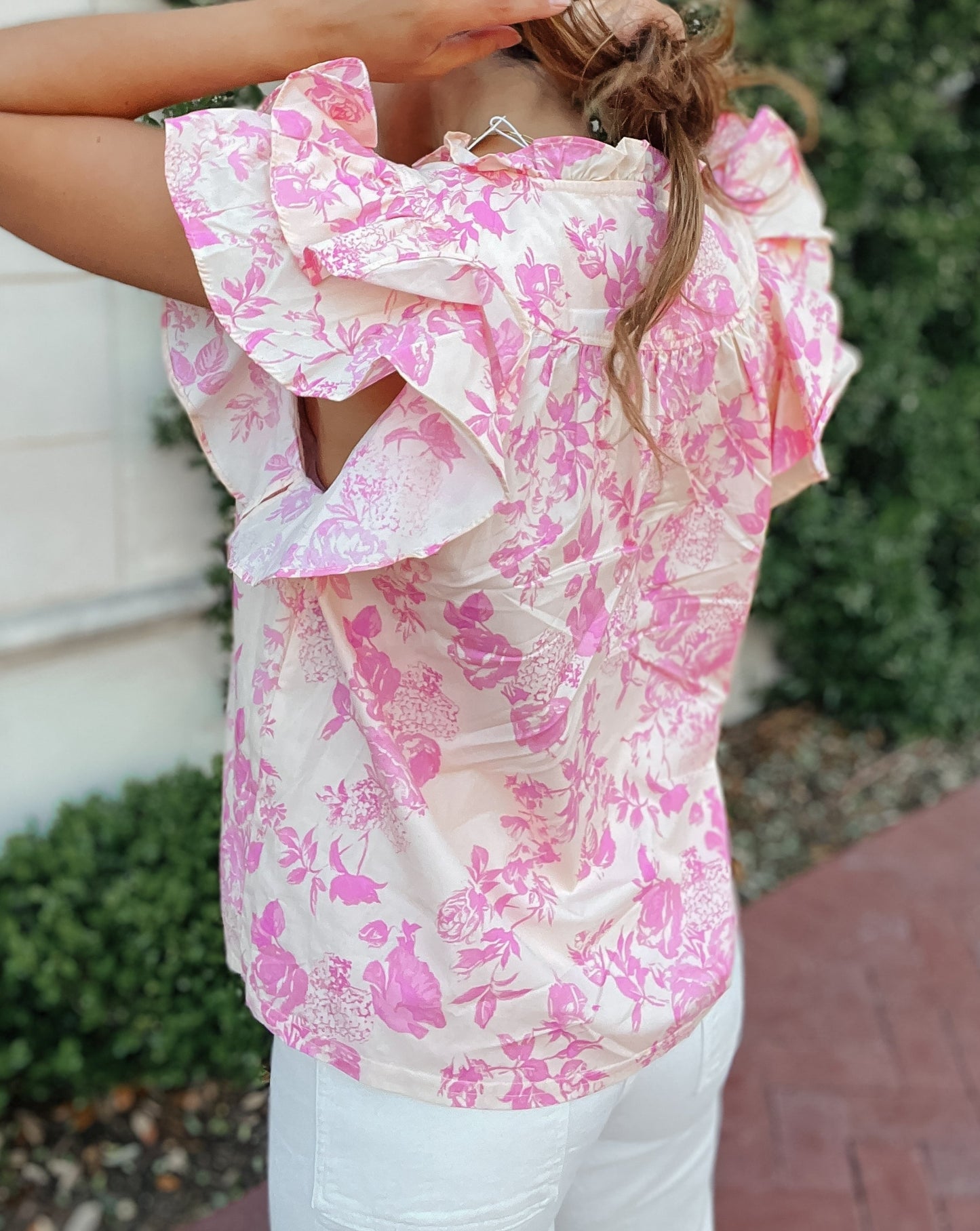 Lainey Dark and Light Pink Floral Ruffle Top