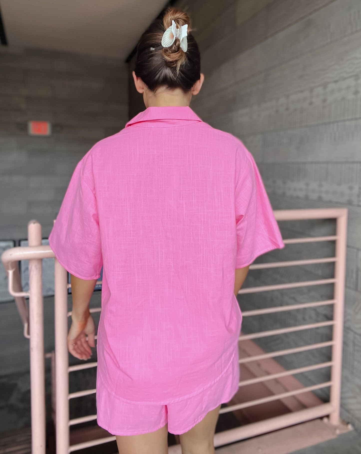 Island Time Pink Linen Button Down Top and Boxer Shorts Set