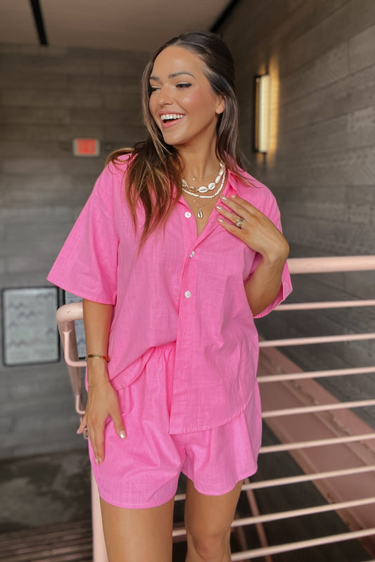 Island Time Pink Linen Button Down Top and Boxer Shorts Set
