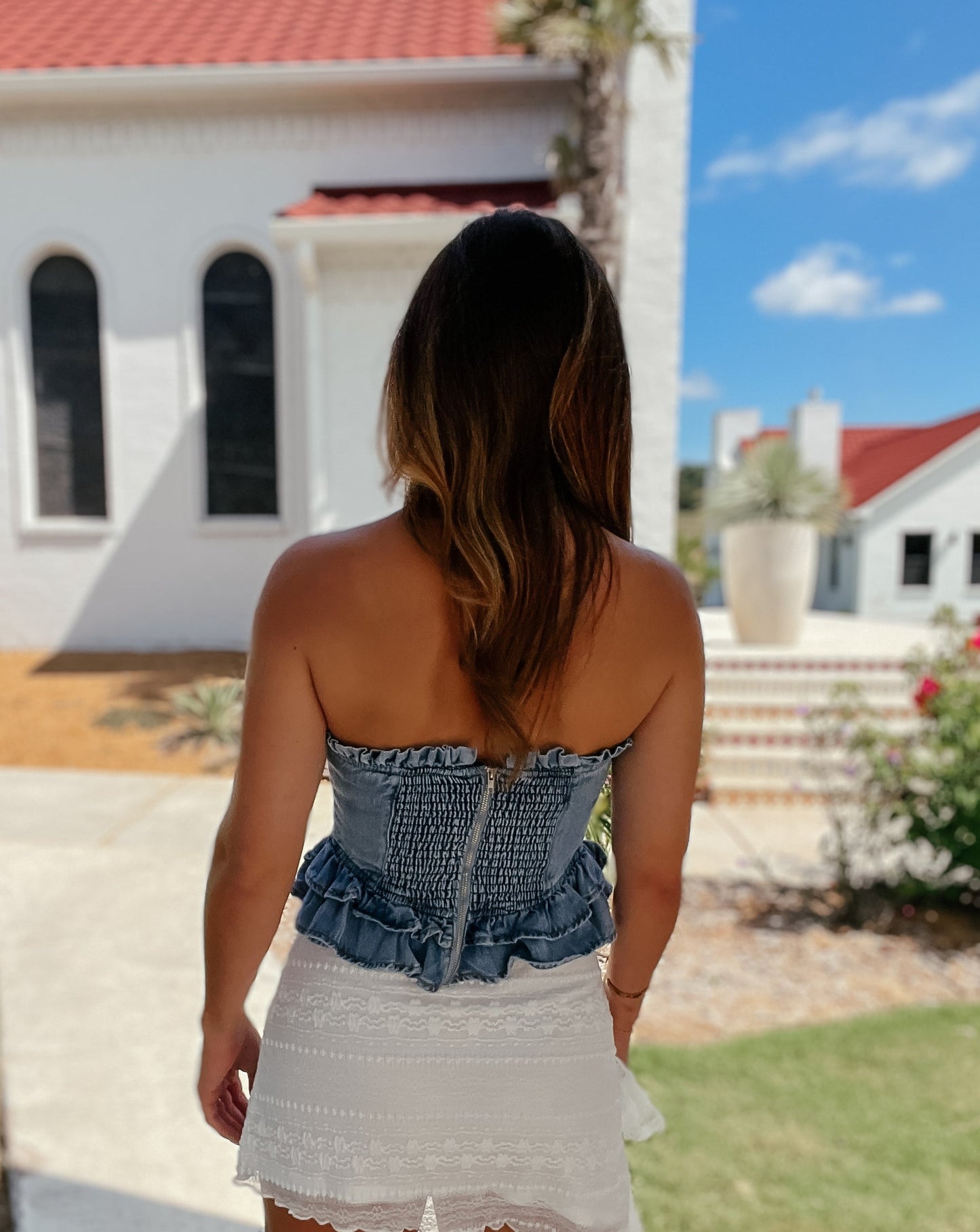 Trish Denim Ruffle Strapless Corset Top