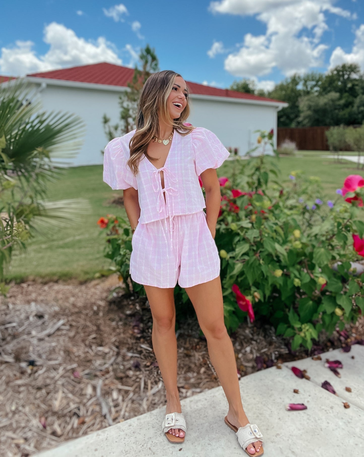 Berkleigh Pink Plaid Bow-Tie Top and Short Set