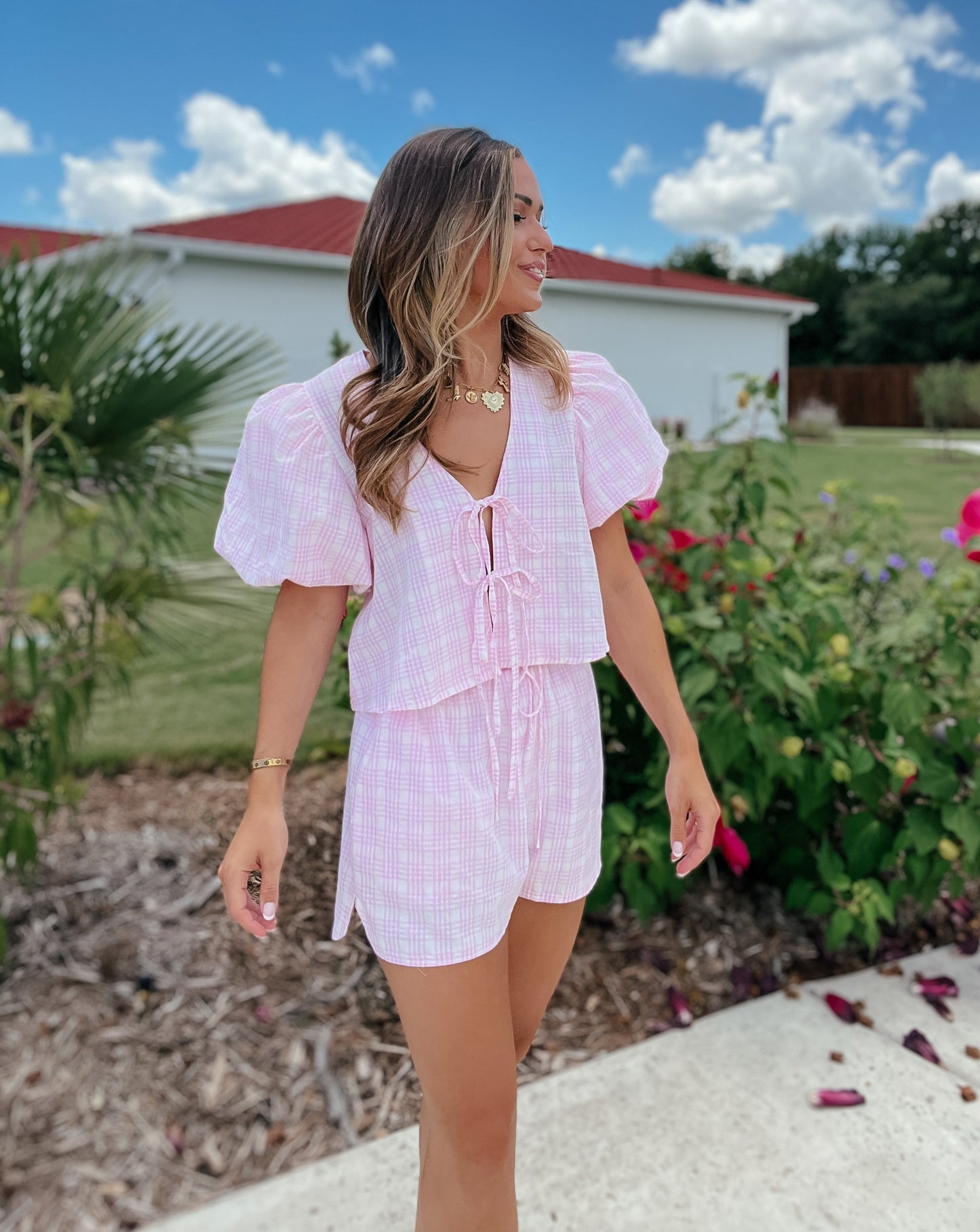 Berkleigh Pink Plaid Bow-Tie Top and Short Set