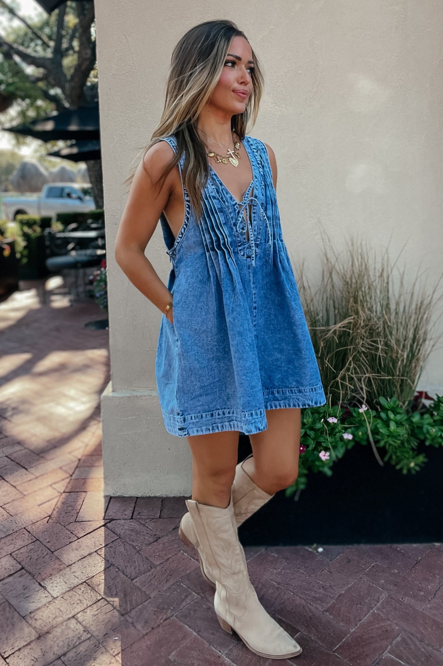 Maggie Denim Tie Romper | Blue