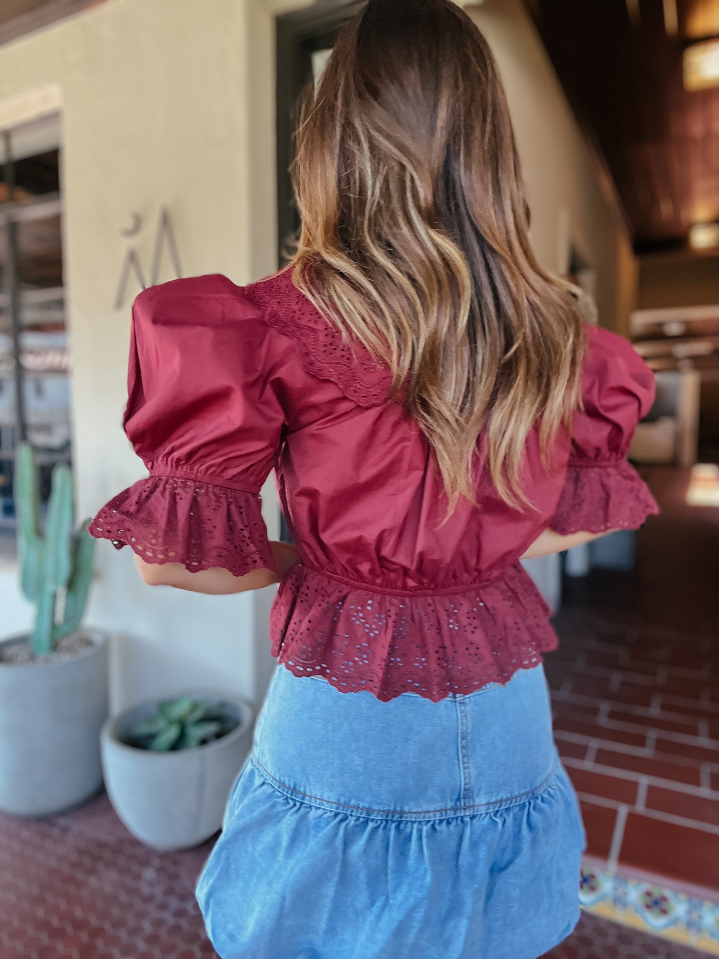 Lynn Maroon Puff Sleeve Bow Tie Top