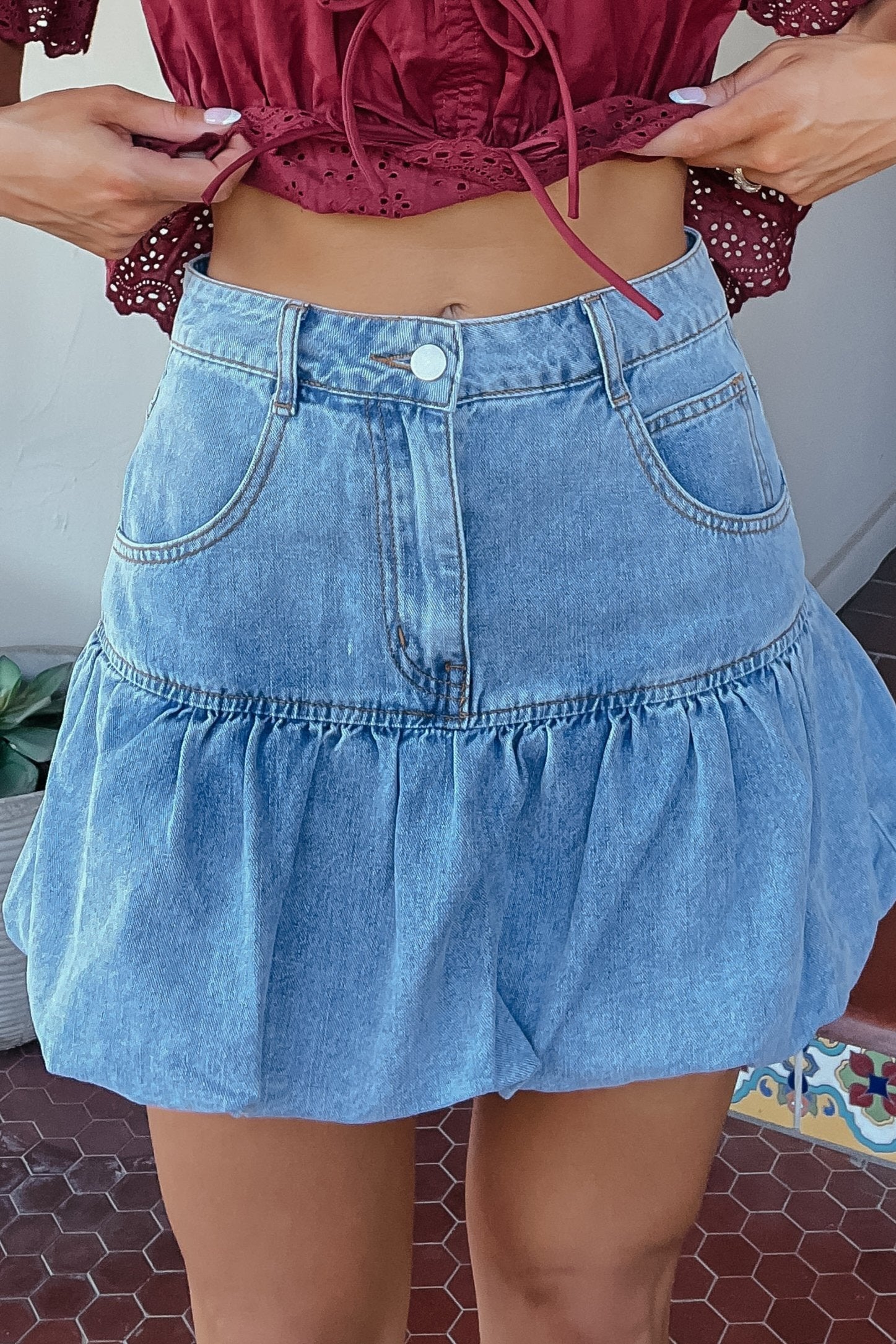denim bubble skirt dress Edikted Women's Denim Bubble Skirt Mini Dress