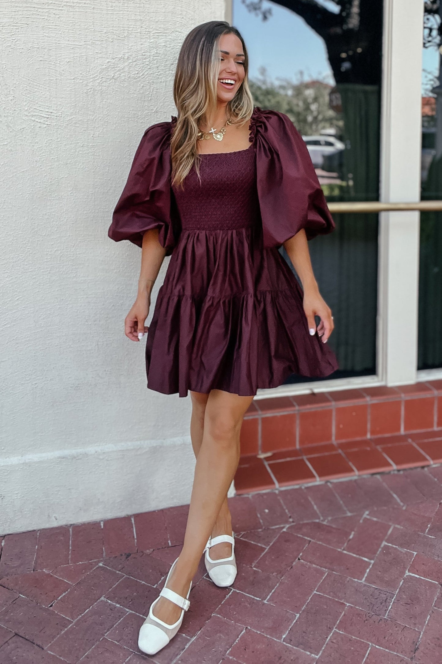 Taylor Oversized Puff Sleeve Maroon Dress